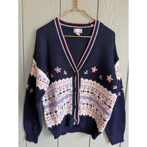 Vintage 90s Fair Isle Knit Cardigan Floral Embroidered Size S Cottagecore